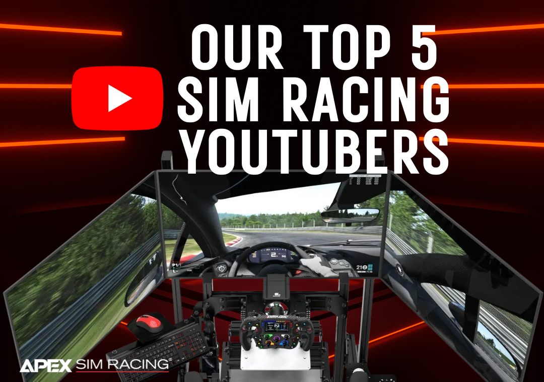 A picture of a 3-monitor sim rig with a YouTube logo and text saying "Our Top 5 Sim Racing YouTubers."