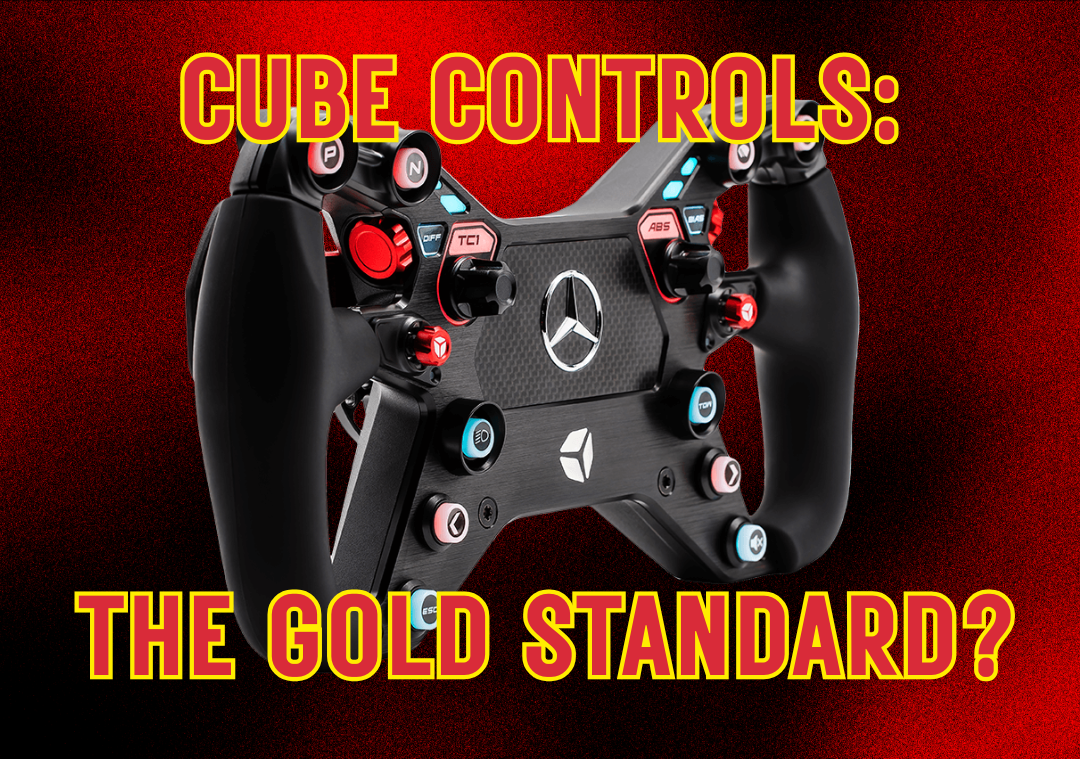 A picture of a Cube Controls Mercedes-AMG Steering wheel on a black and red background with the text "Cube Controls: The Gold Standard?"