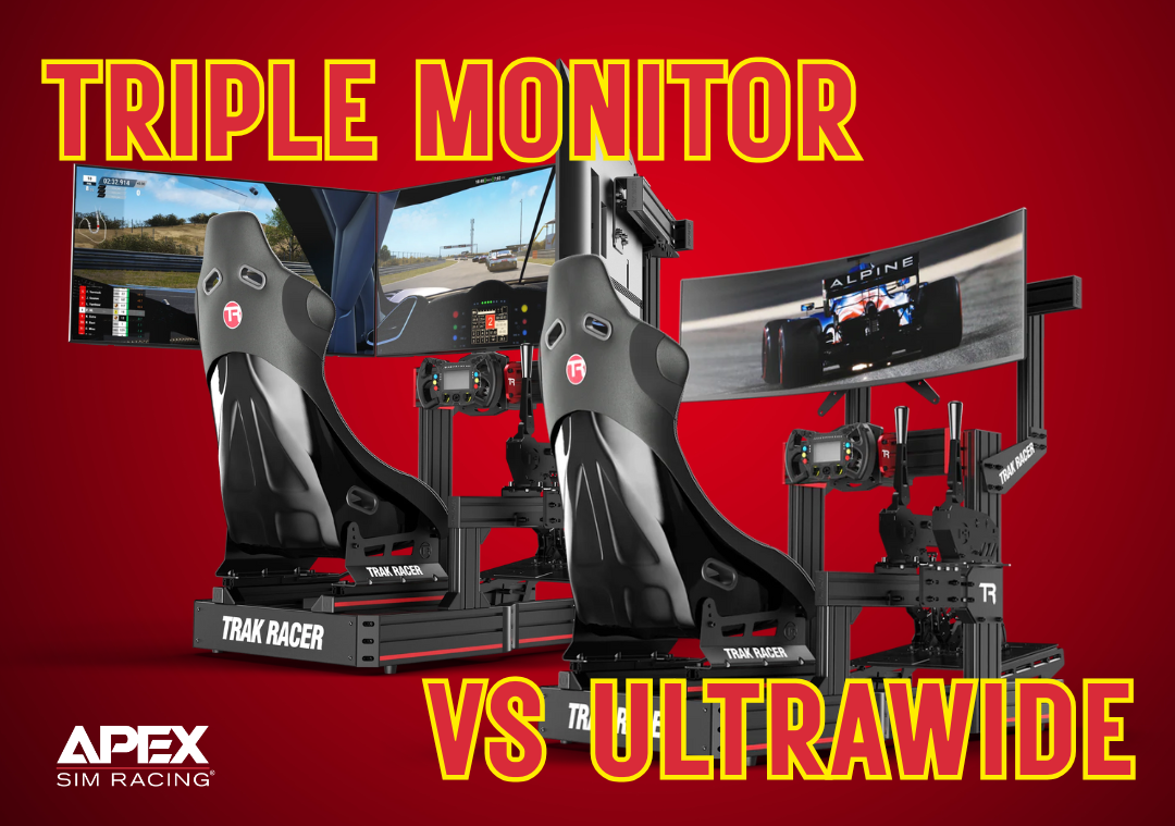 A picture of a triple monitor Trak Racer setup next to an ultrawide Trak Racer setup with the text "Triple Monitor VS Ultrawide"
