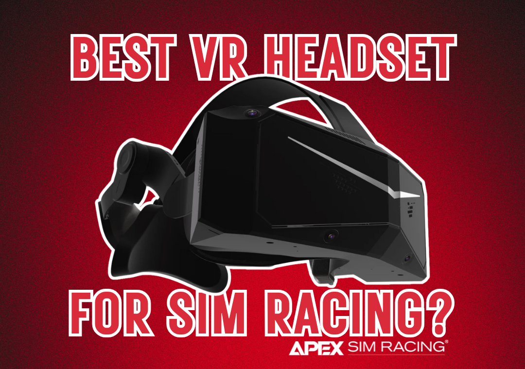 A picture of a Pimax Crystal Light headset on top of a red background with the text "best VR headset for sim racing?"