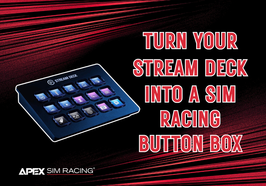 A picture of an Elgato Stream Deck on a black and red background with the text, "turn your stream deck into a race deck." 