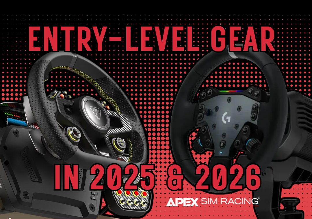 A picture of a Turtle Beach steering wheel and a Logitech steering wheel with the text, "Entry-Level Gear in 2025 & 2026).