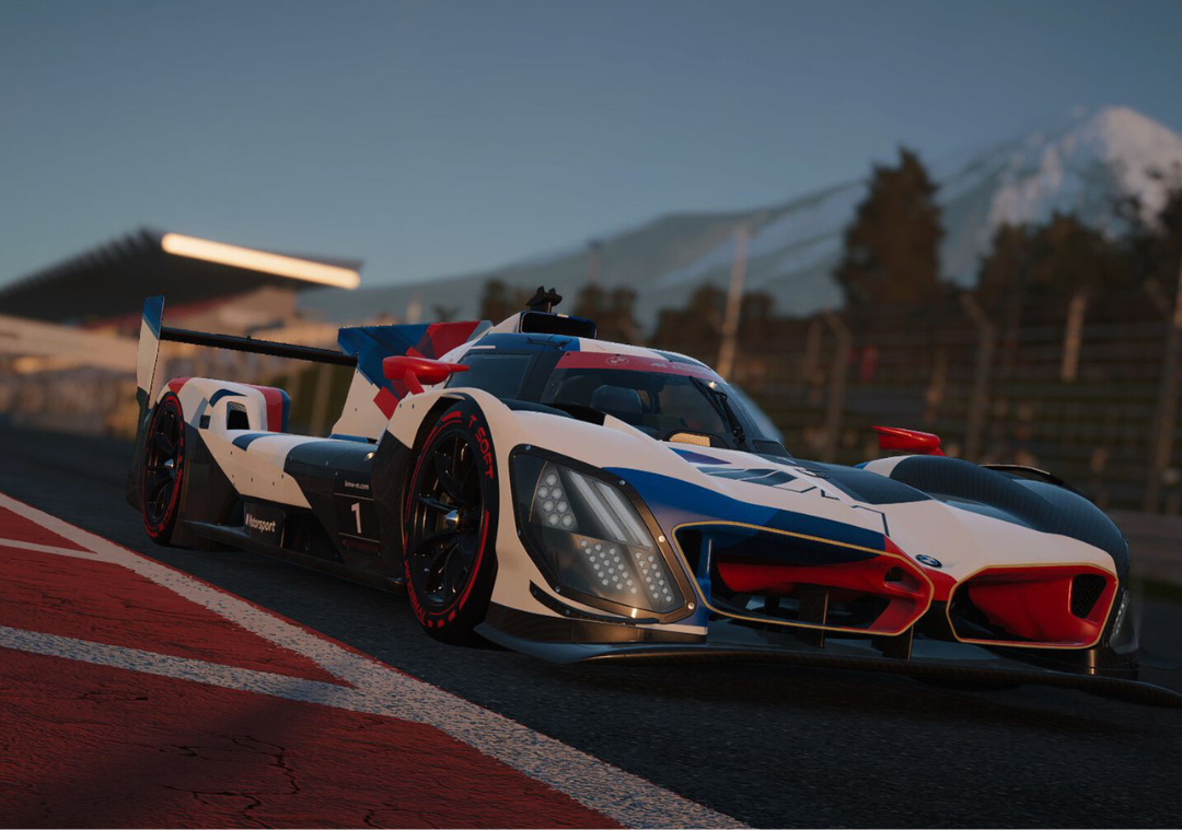 A screenshot from Endurance Motorsport Series featuring a BMW supercar. It is red, blue, and white.