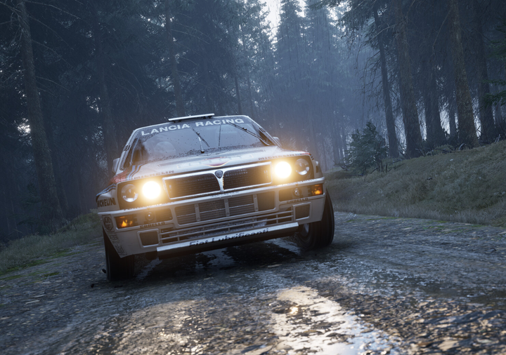 A screenshot from Assetto Corsa Rally of a front-facing rally car with its headlights on.