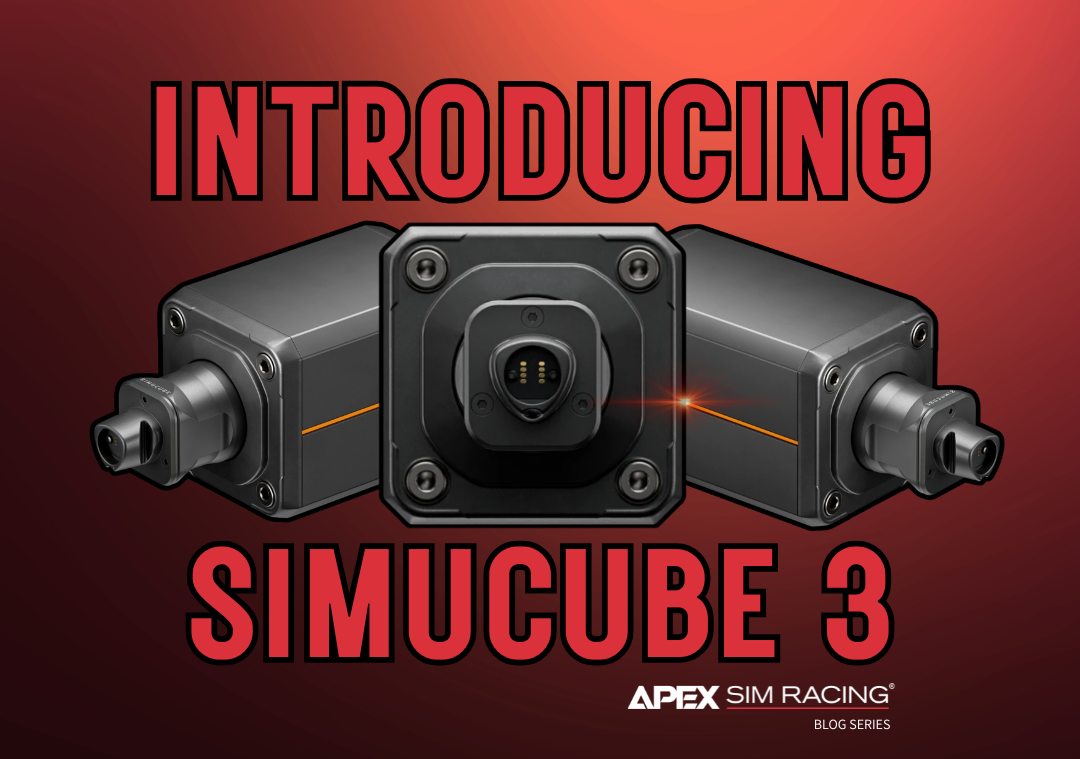 A picture of 3 Simucube 3 Wheelbases on an orange and black background with the text, "Introducing Simucube 3."