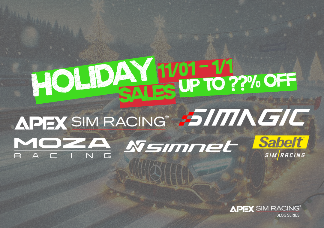 A picture of the the Holiday sales with various sim racing manufacturer logos on a background with two Mercedes racing in the snow.