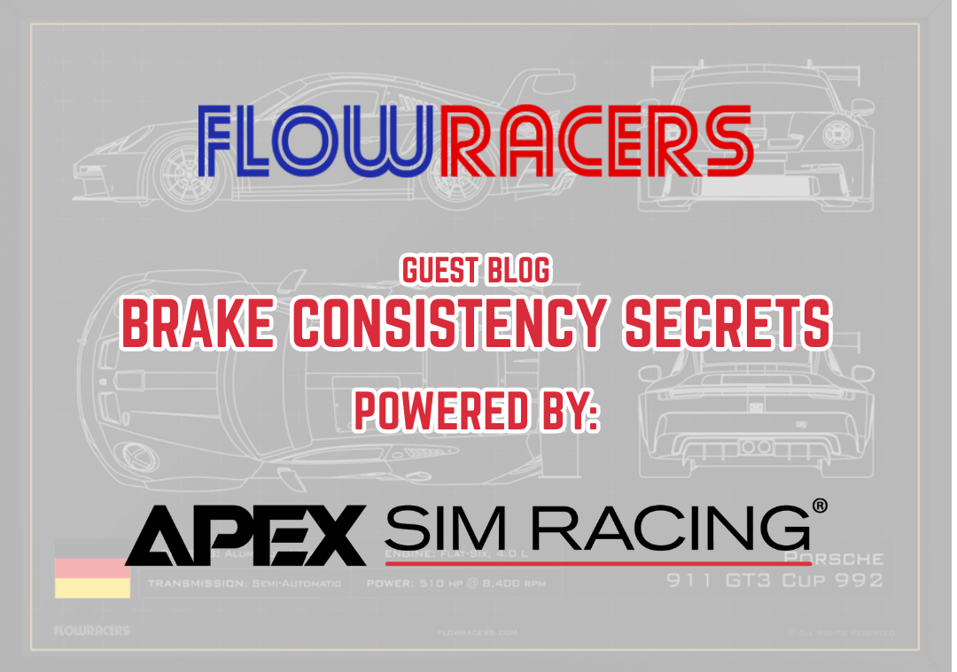 A picture of a Porsche poster from Flow Racers with the text, "Flow Racers Guest Blog Brake Consistency Series Powered By: Apex Sim Racing"