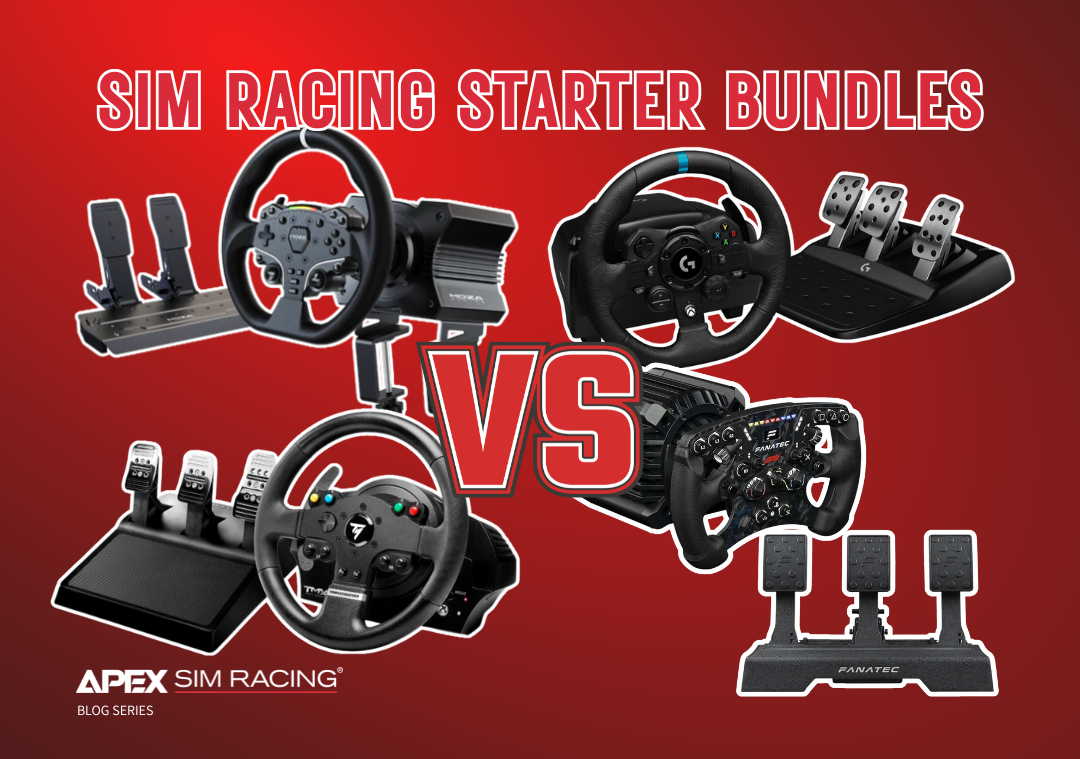 A picture of all 4 brands' bundles on a red background with the text "Sim Racing Starter Bundles"