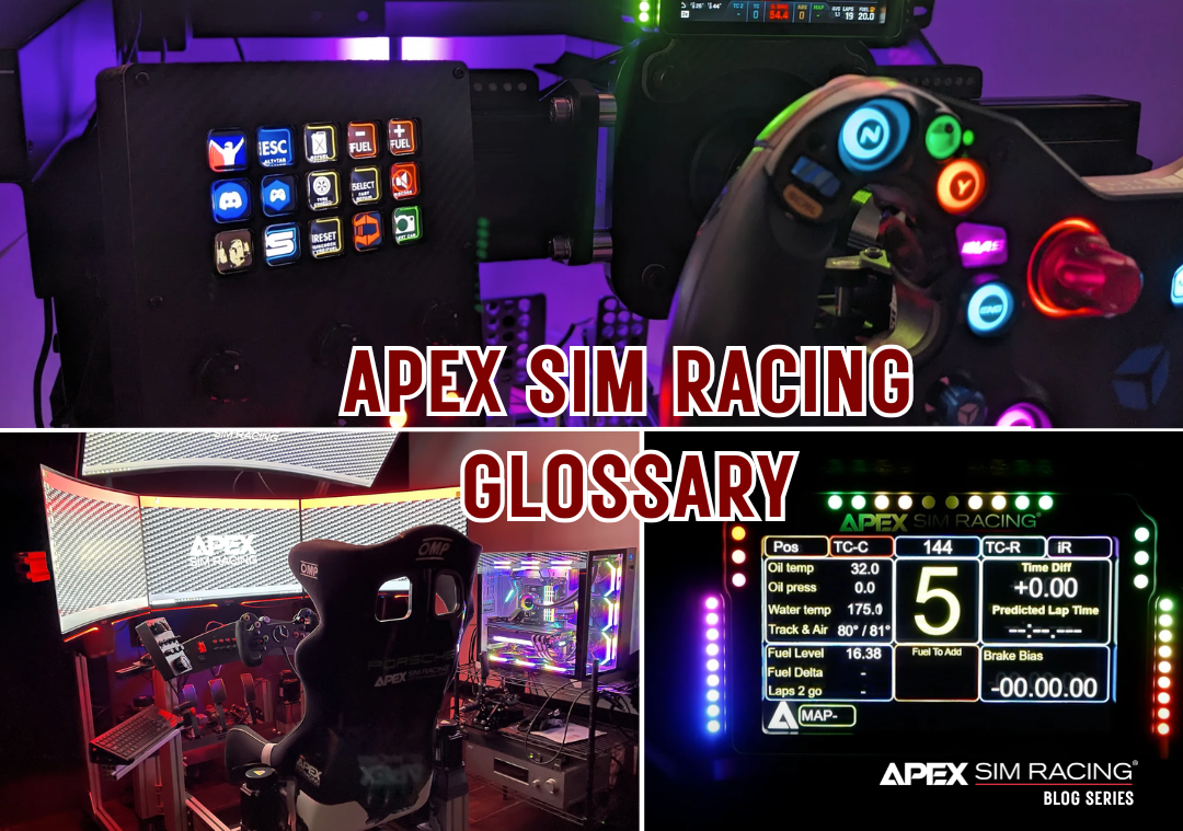 A collage of Apex Sim Racing products with the text, "The Official Apex Sim Racing Glossary"