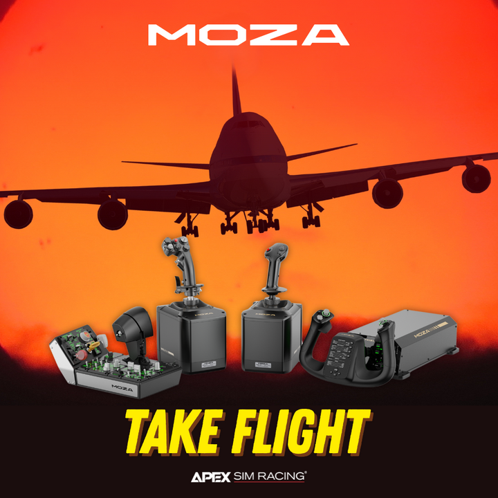 MOZA flight simulator gear set with flight controls and joystick under an airplane silhouette at sunset