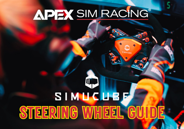 A picture of a Simucube steering wheel attached to a sim rig. There is also a person with a helmet using the steering wheel.