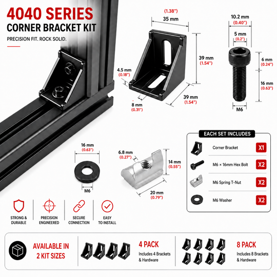 Sim Racing 40 Series corner bracket kit with dimensions and included parts on a white background