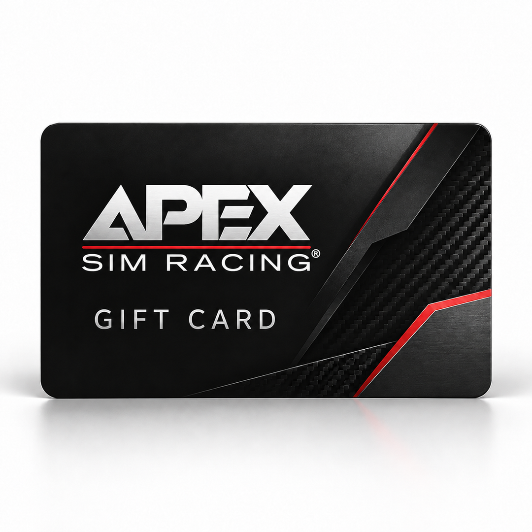 APEX SIM RACING GIFT CARD IMAGE WHITE RED LOGO WITH BLACK RED BACKGROUND 