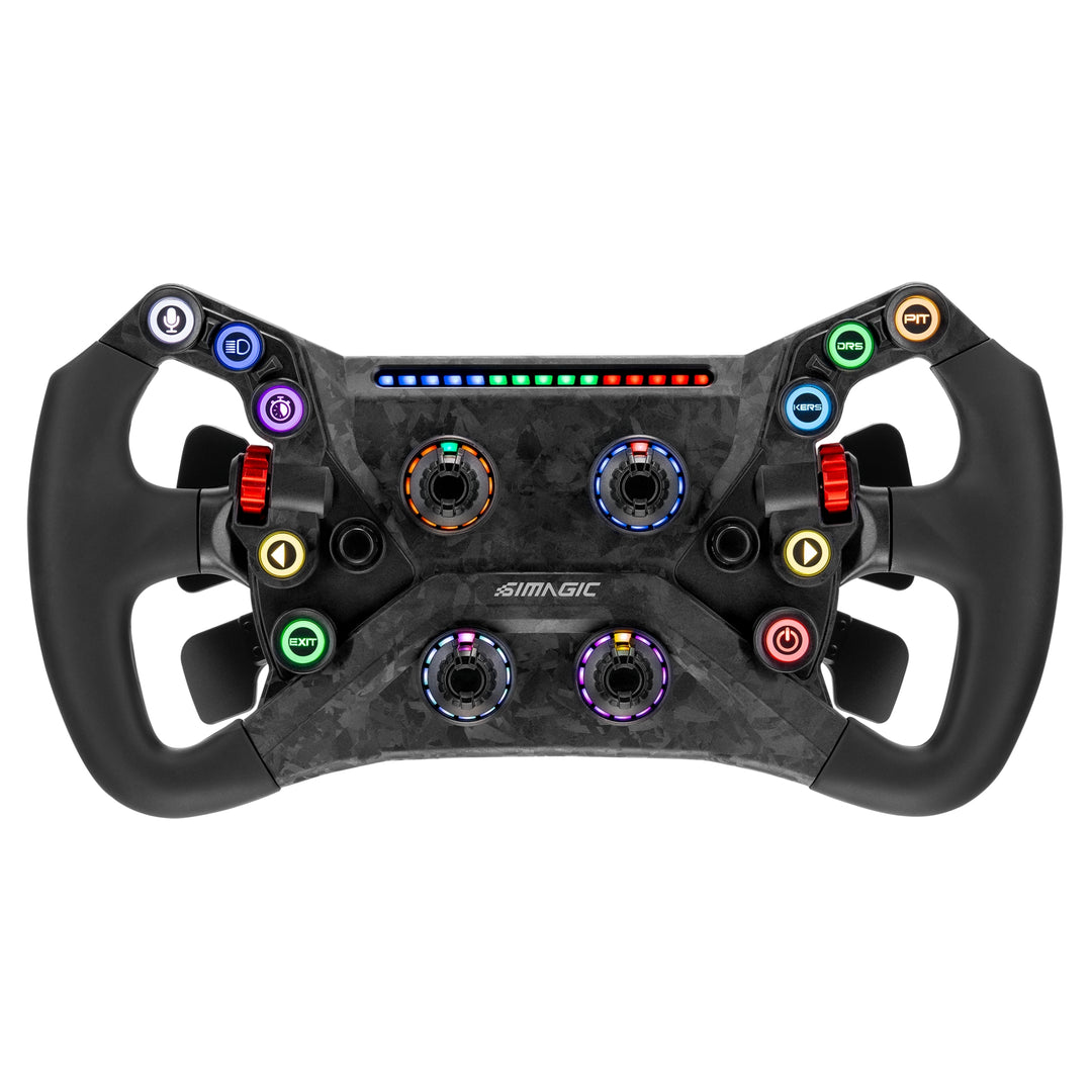 Black racing steering wheel with colorful buttons on a white background for sim racing 