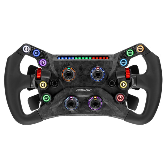 Black racing steering wheel with colorful buttons on a white background for sim racing 