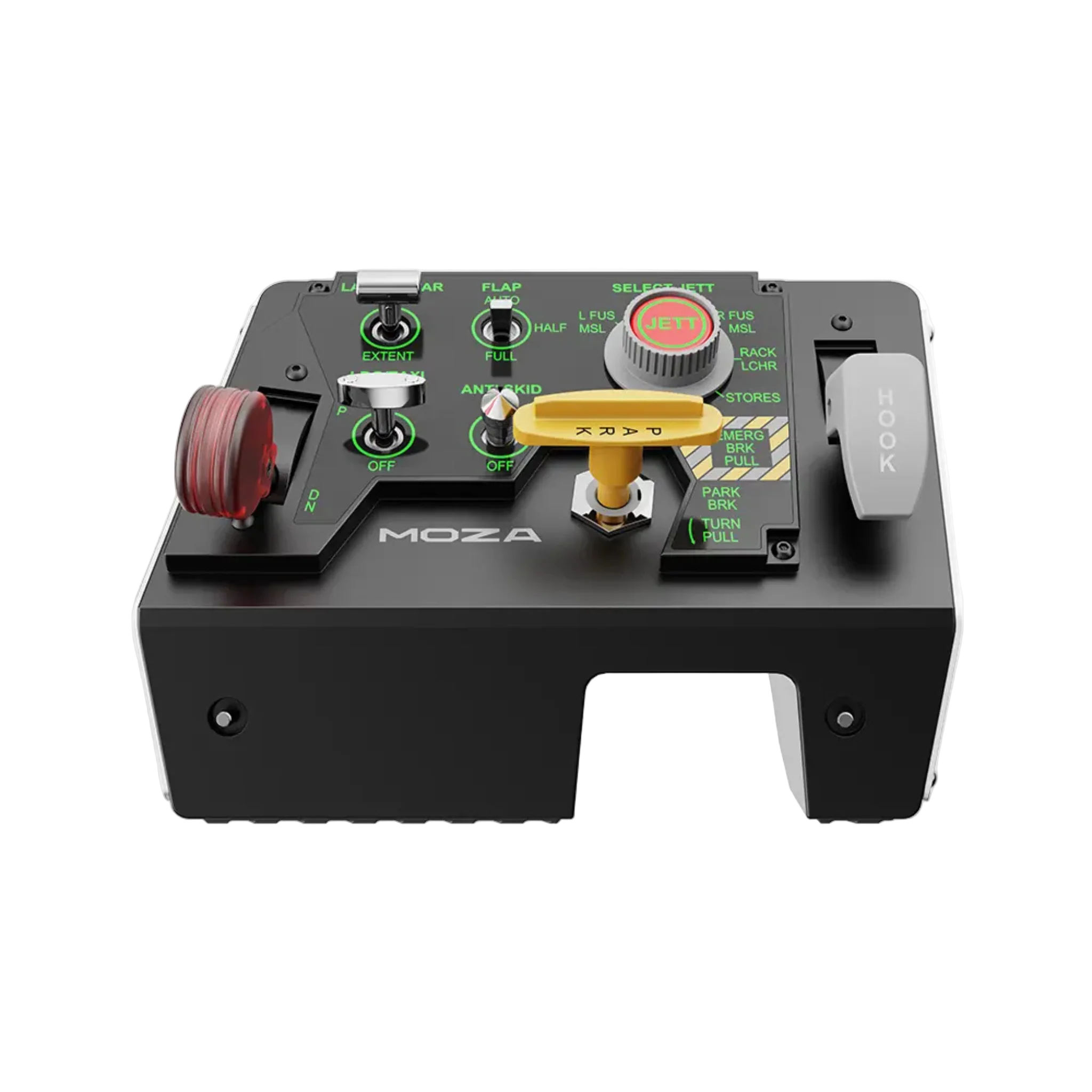The Moza take off landing panel with various buttons and levers for flight simulation.