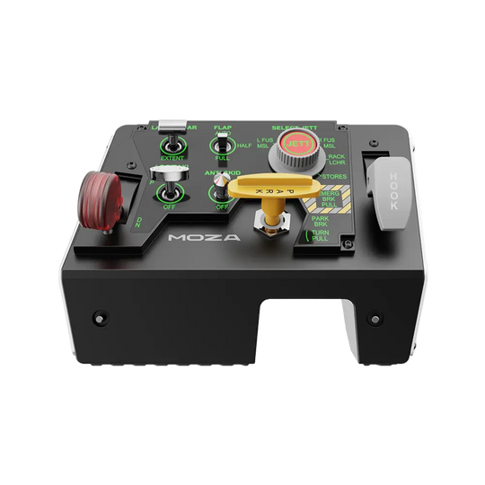 The Moza take off landing panel with various buttons and levers for flight simulation.