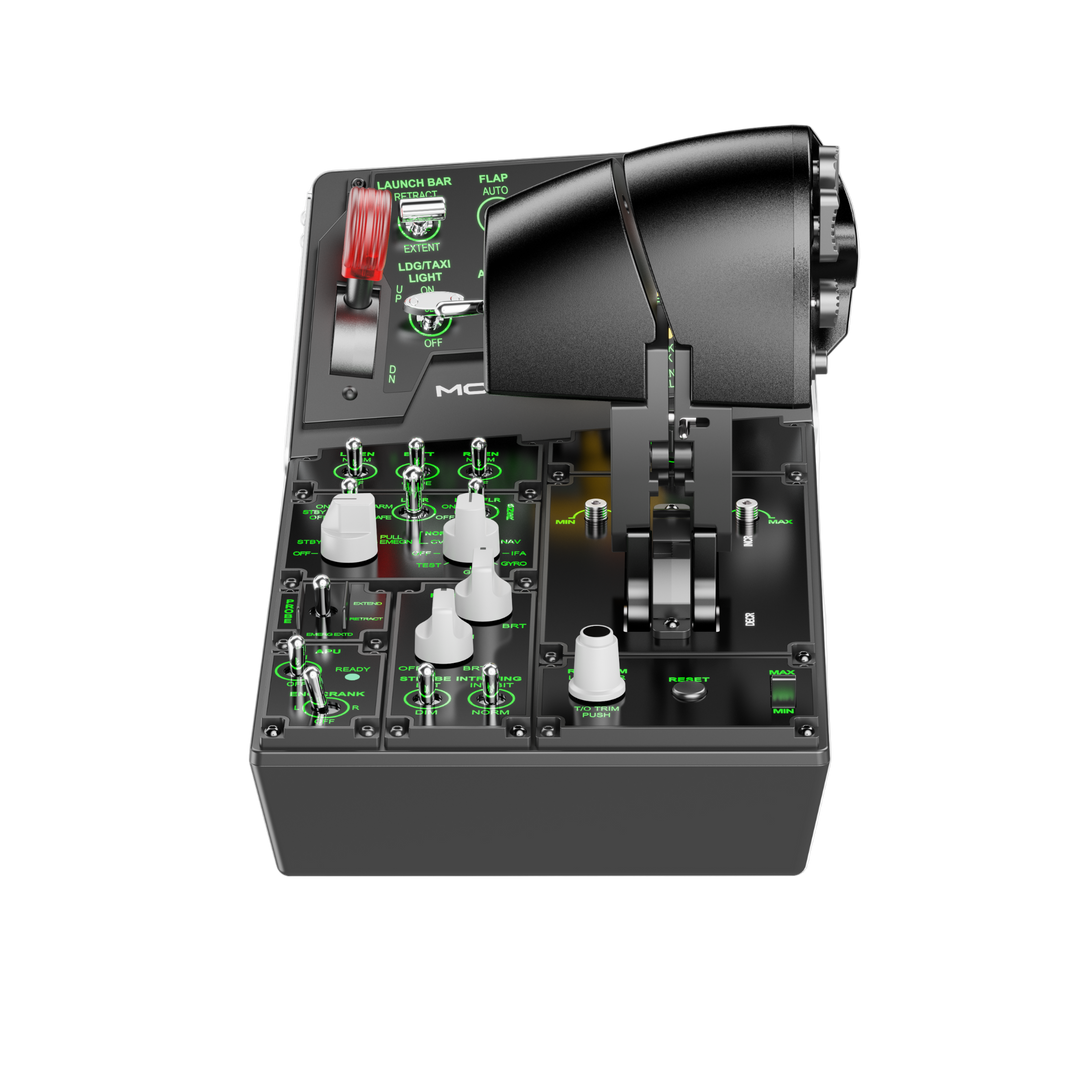 A MOZA MTP Throttle Panel designed for flight simulation, featuring a durable aluminum alloy grip and multiple programmable switches.