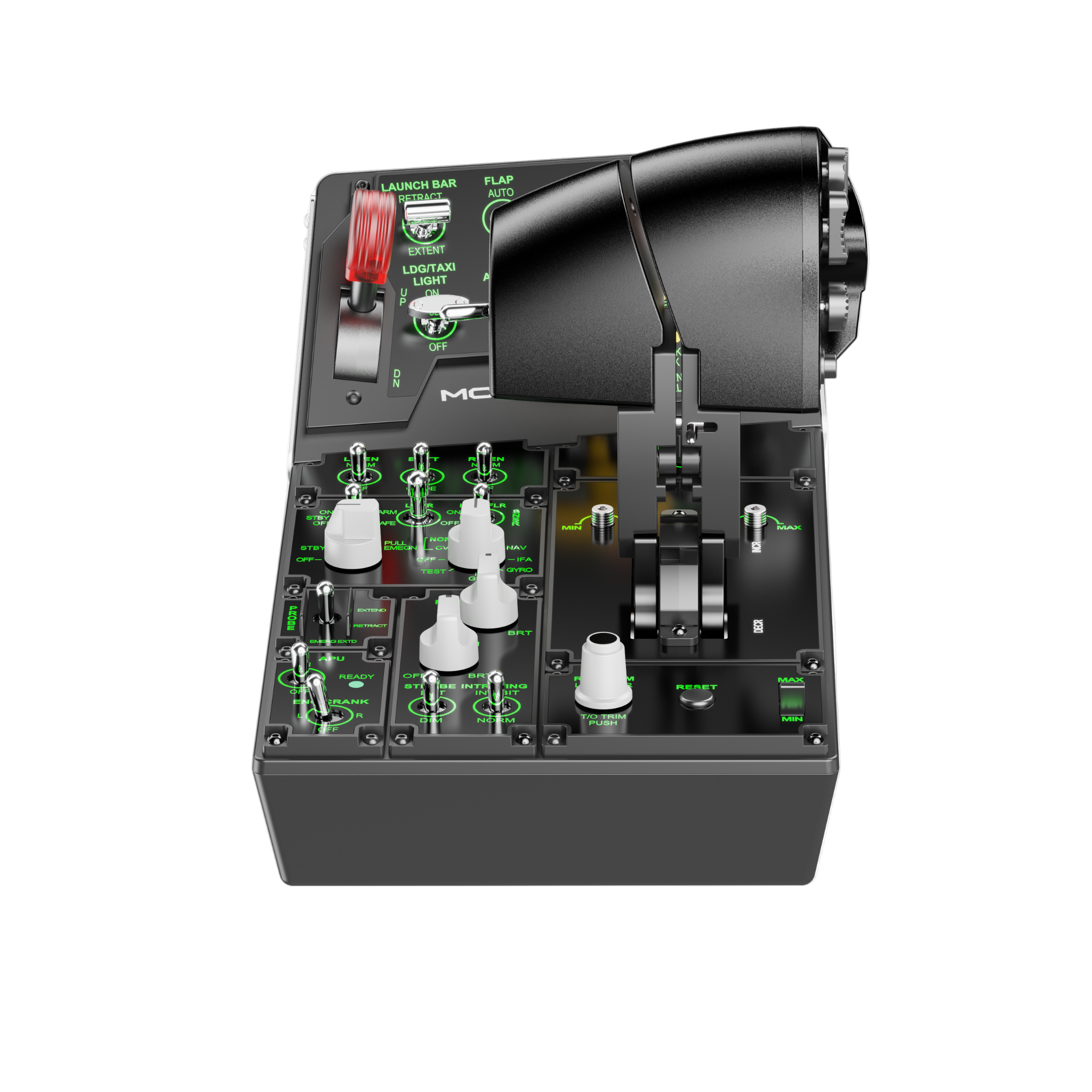 A MOZA MTP Throttle Panel designed for flight simulation, featuring a durable aluminum alloy grip and multiple programmable switches.