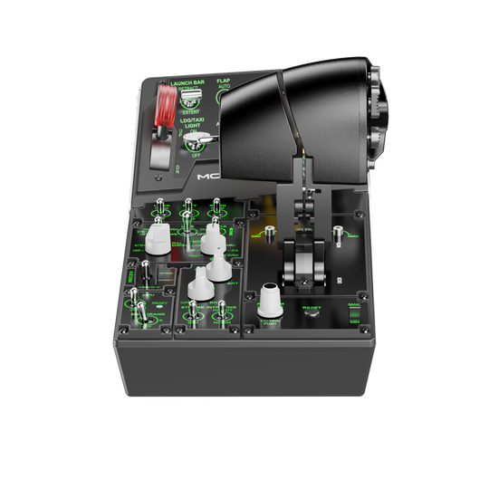 A MOZA MTP Throttle Panel designed for flight simulation, featuring a durable aluminum alloy grip and multiple programmable switches.