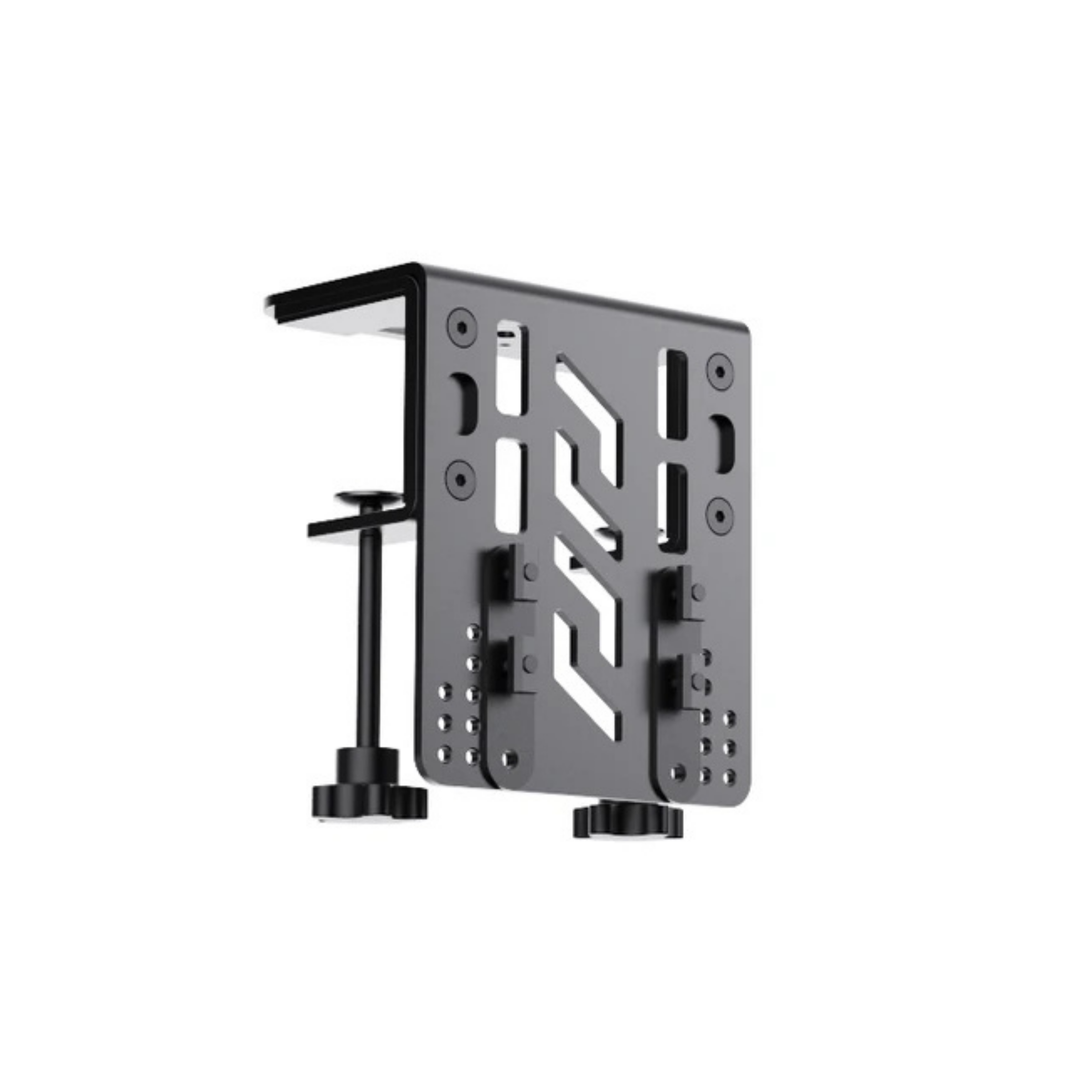 Black metal bracket with adjustable arms used for moza racing flight simulators