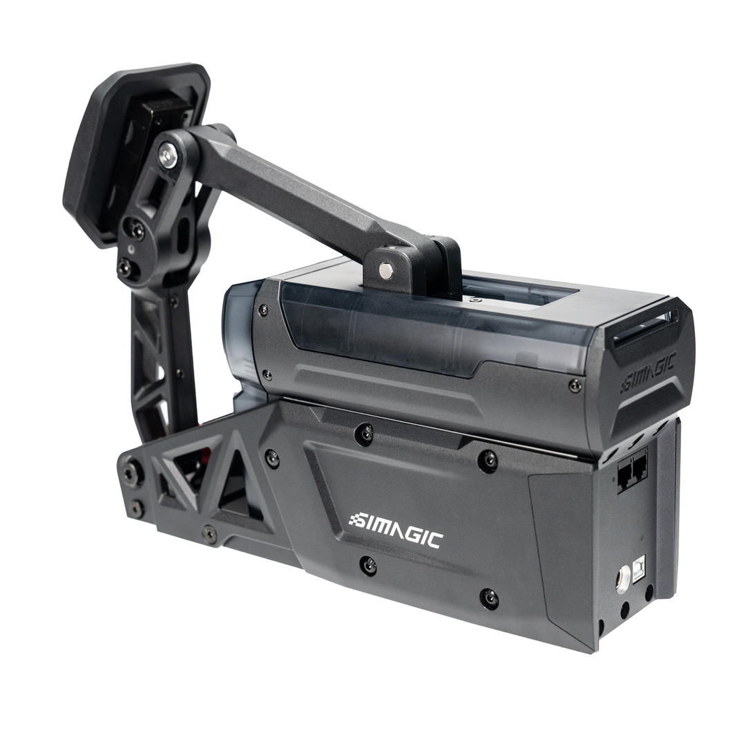Simagic P-Active Pedal showing the CNC aluminum frame and control housing
