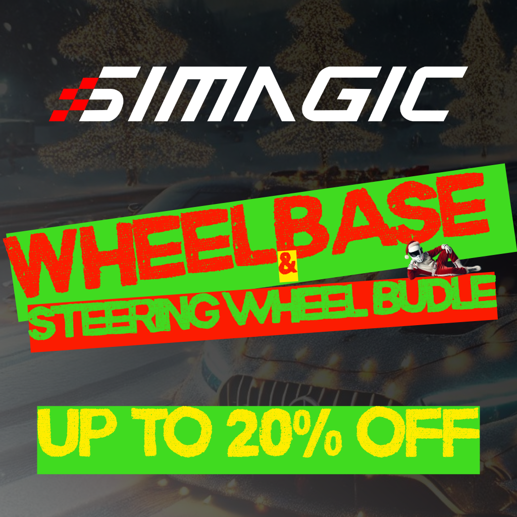 Simagic promotional banner with text about wheelbase and steering wheel bundle offer on a blurred background.