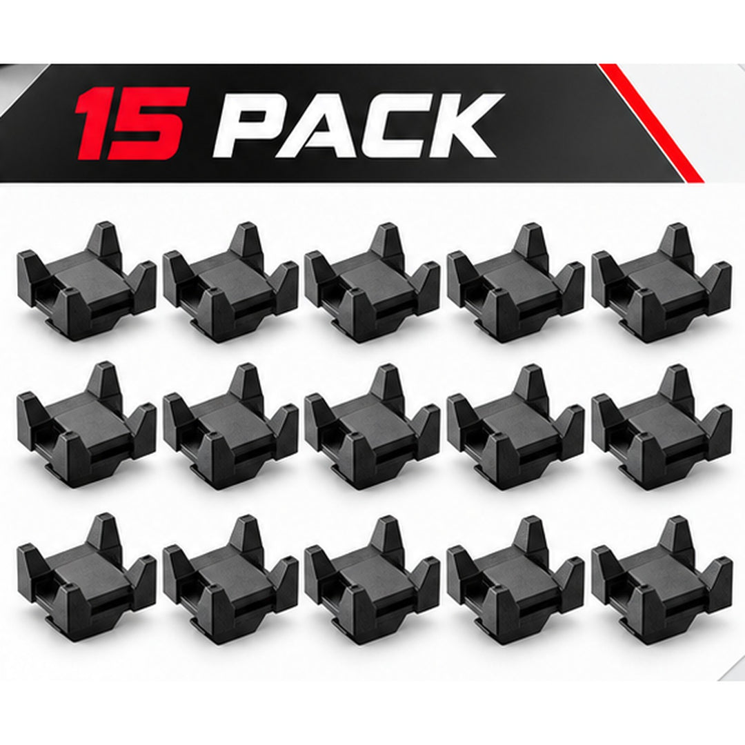 A 15-pack of black plastic cable protectors or clip holders arranged in a grid, with a black banner at the top reading '15 PACK' in red and white.