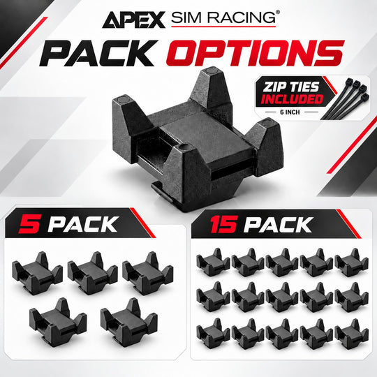 Apex Sim Racing black plastic track bar options pack, showing a single main bar, a 5-pack, and a 15-pack layout with included 6-inch zip ties on a white and gray graphic background.