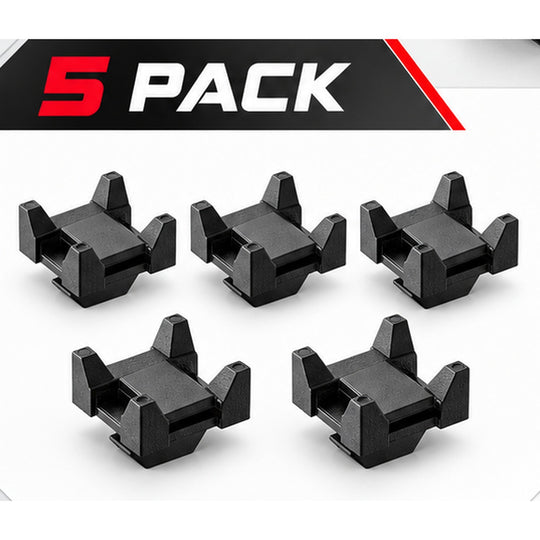 Five black plastic clip-style components arranged on a white background under a bold '5 PACK' banner at the top.
