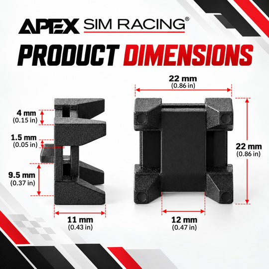 Product dimensions diagram for a black Apex Sim Racing component, showing front and side views with red measurement lines and labels on a white background with Apex Sim Racing branding.
