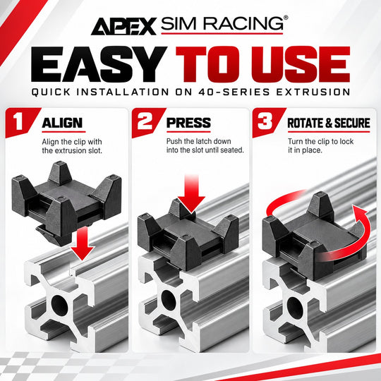 Instruction graphic for Apex Sim Racing showing how to install a quick-release extrusion clip on aluminum extrusion profiles. The graphic features three numbered panels: 1 Align, 2 Press, and 3 Rotate & Secure, with step-by-step text instructions and illustrations of the black clip and silver aluminum profiles.