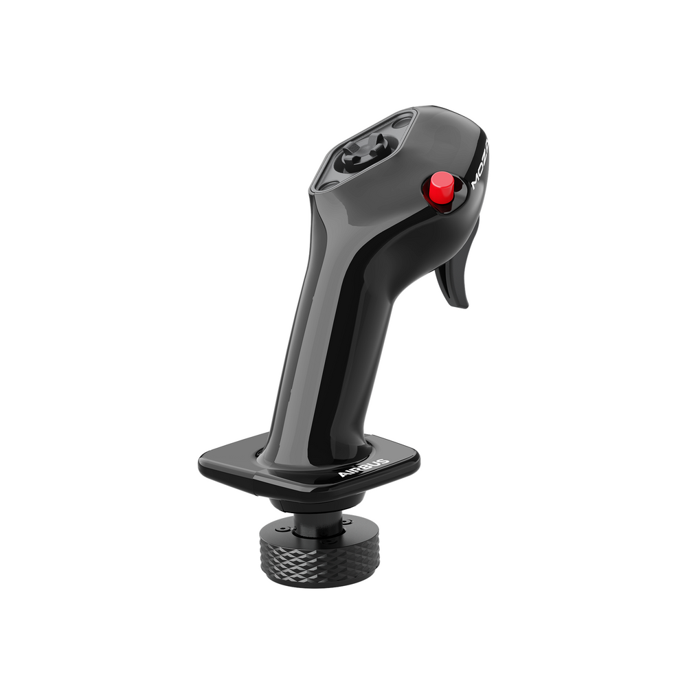Moza MA3F Airbus Sidestick front three-quarter view showing the five-way hat switch and red button