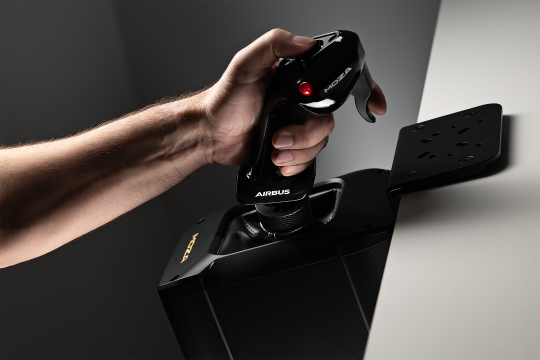 Moza MA3F Airbus Sidestick held in hand, mounted on a MOZA flight base