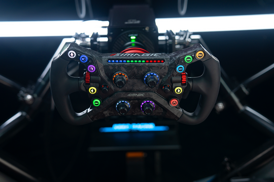 Simagic GT Neo steering wheel, front view with RGB buttons and rev strip