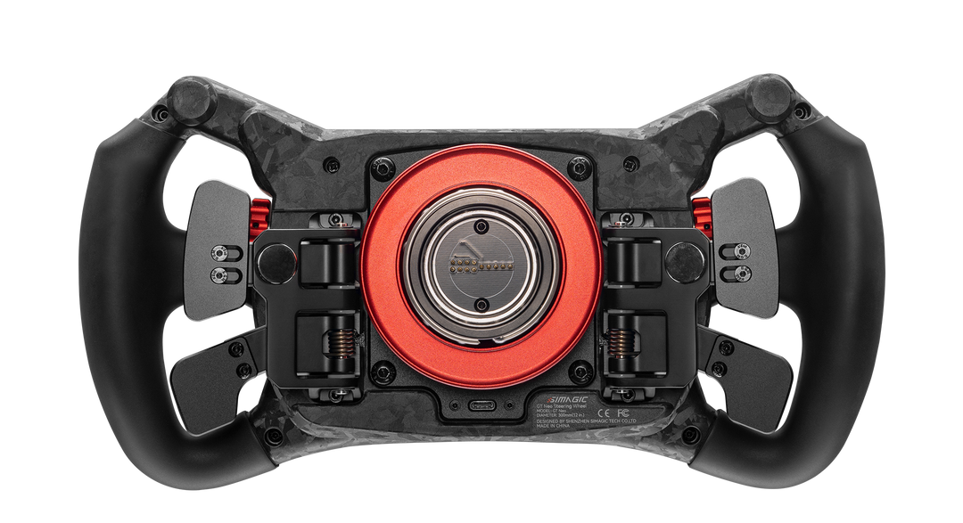 Simagic GT Neo steering wheel, rear view showing magnetic paddle shifters