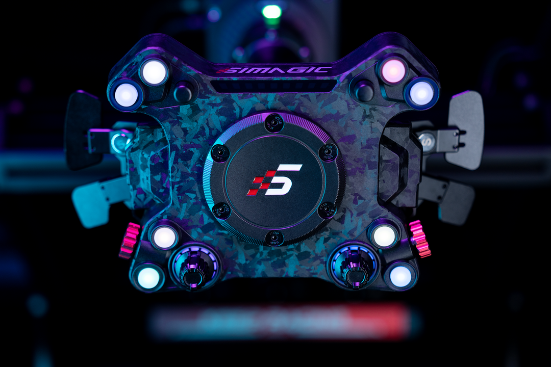 Simagic Neo X Hub, front view with RGB buttons illuminated