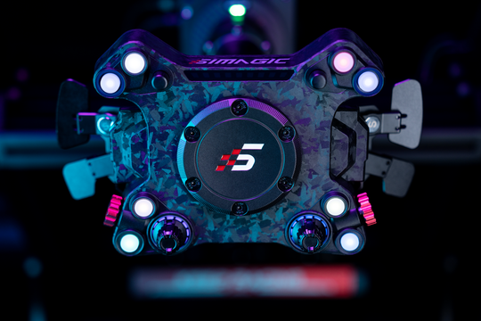 Simagic Neo X Hub, front view with RGB buttons illuminated