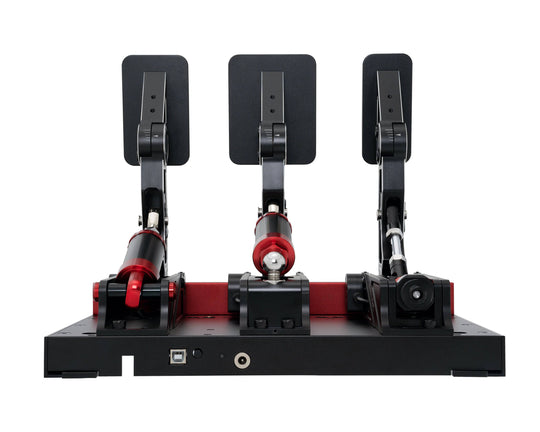Simagic P1000 sim racing pedal set, rear view showing baseplate and wiring