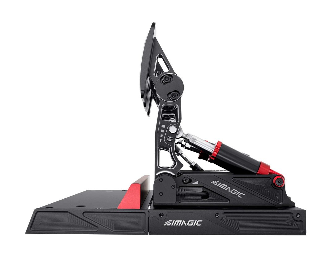 Simagic P1000 sim racing pedal set, side view showing pedal travel