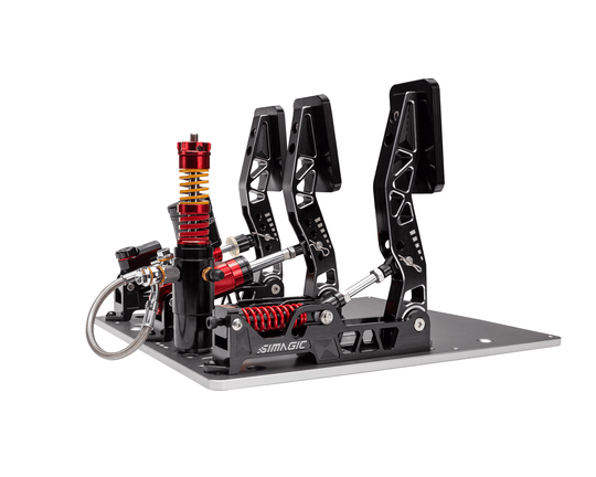 Simagic P2000r 3-pedal hydraulic set, rear view showing braided lines
